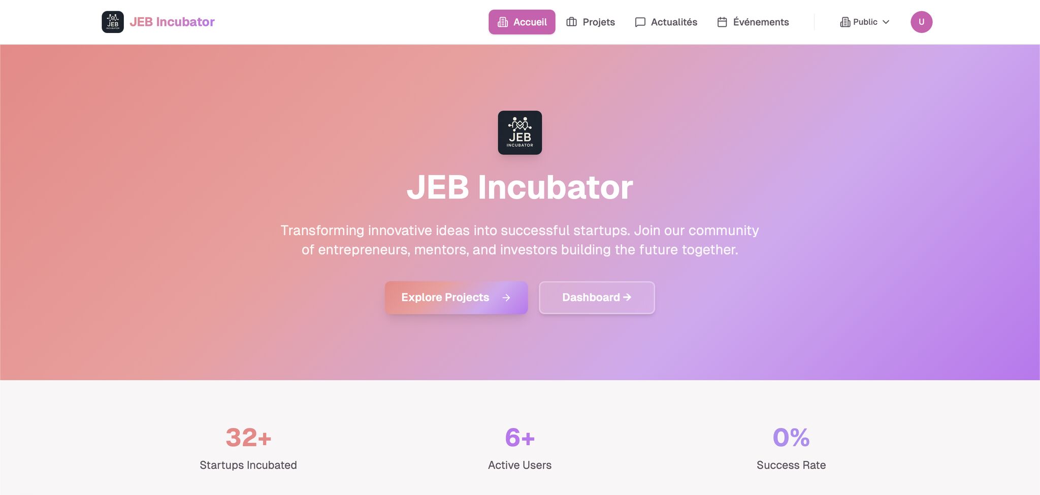 Plateforme JEB - Vitrine Web pour Incubateur de Startups